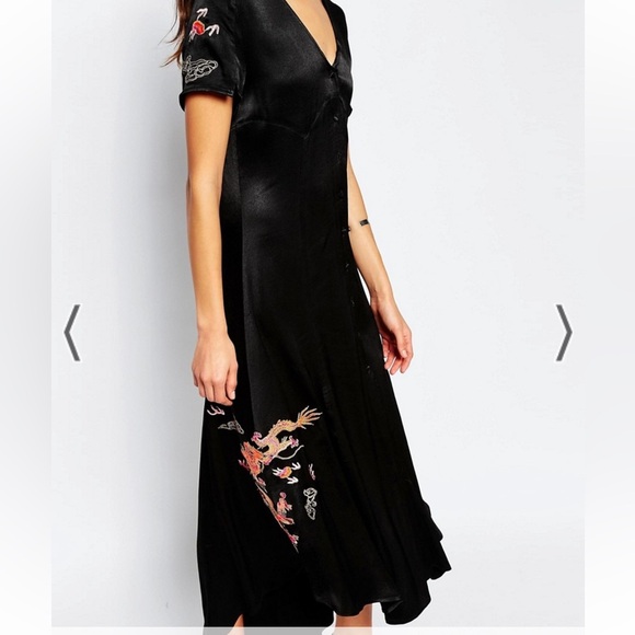 Somedays Lovin Dresses & Skirts - Somedays Lovin Black Satin Button Front Midi Dress Dragon Bird Embroidered Asian